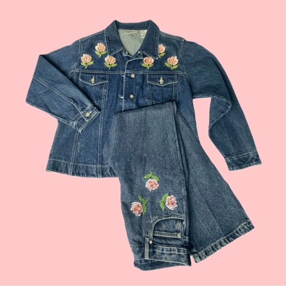 Vintage Bill Blass denim embroidered pants & jacket womens size Petite L…